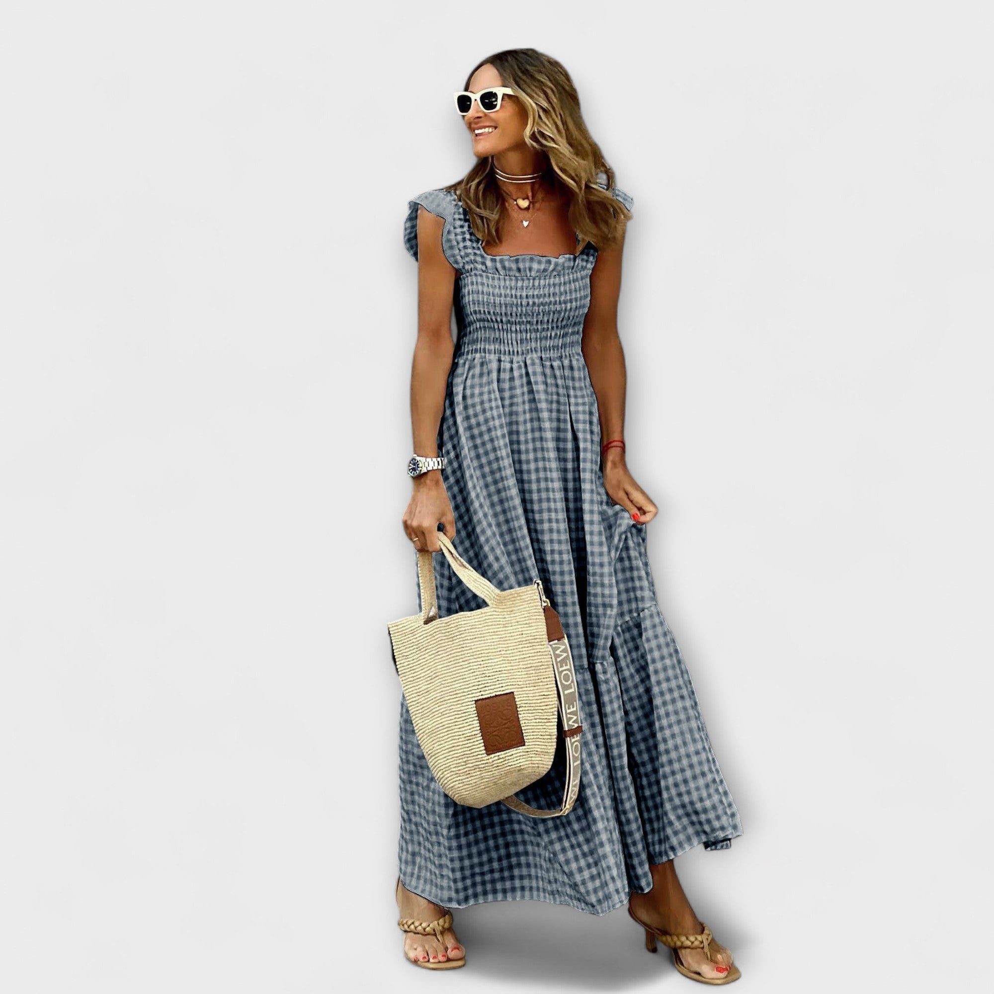 Amara™ | Checked Maxi Dress with Ruffled Sleeves