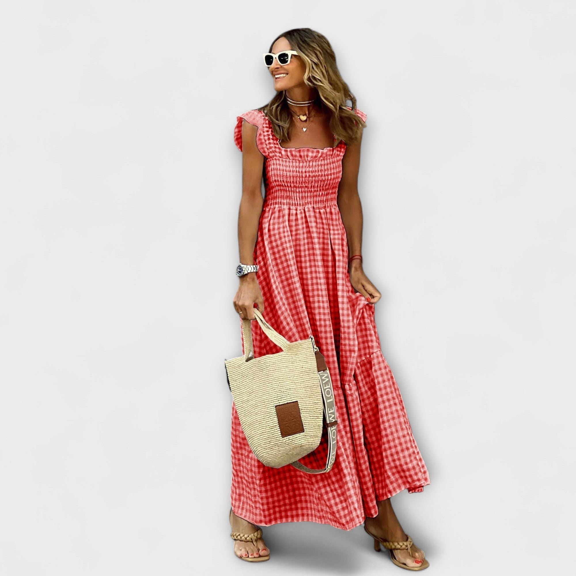 Amara™ | Checked Maxi Dress with Ruffled Sleeves