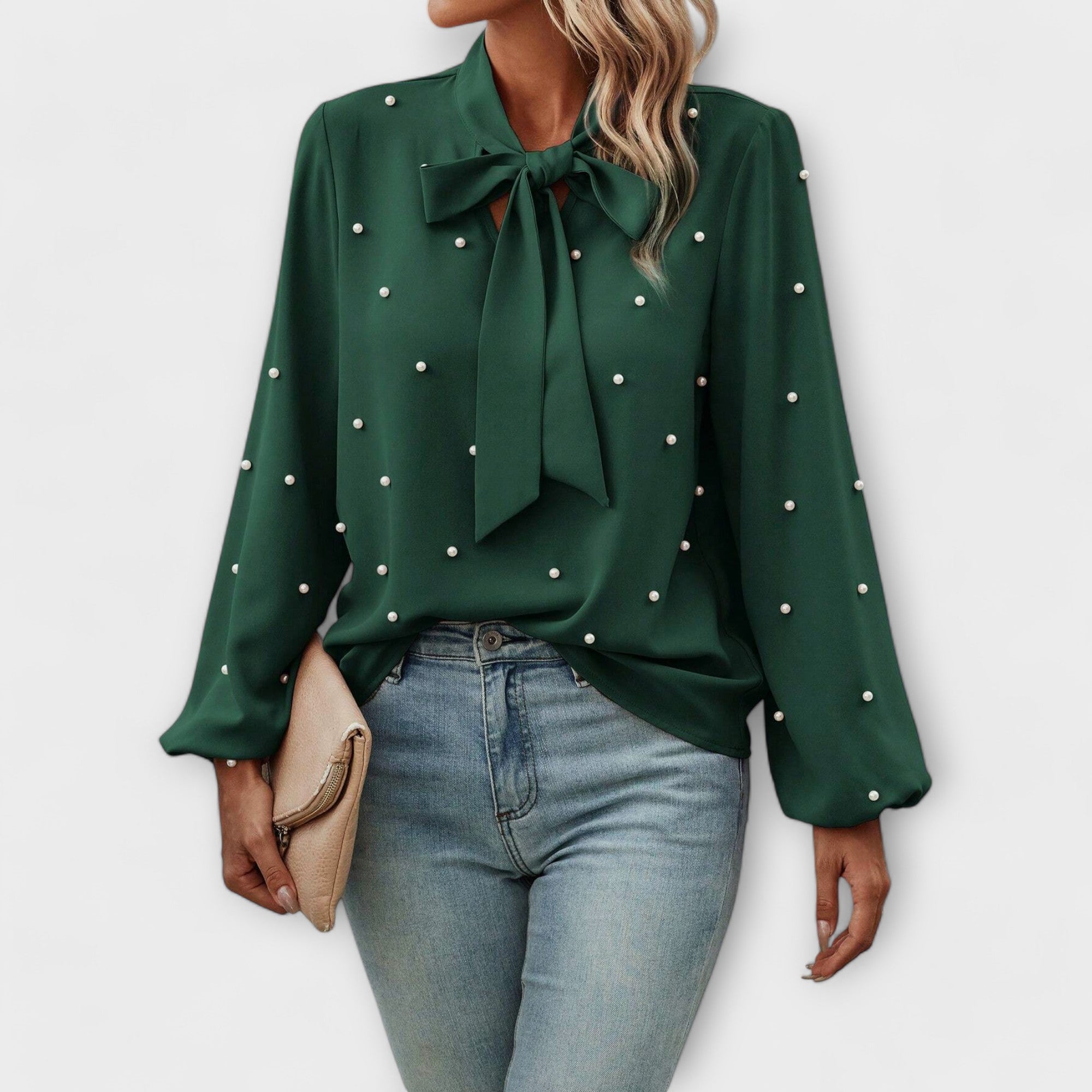 Amara™ | Elegant Blouse with Pearl Details and Bow