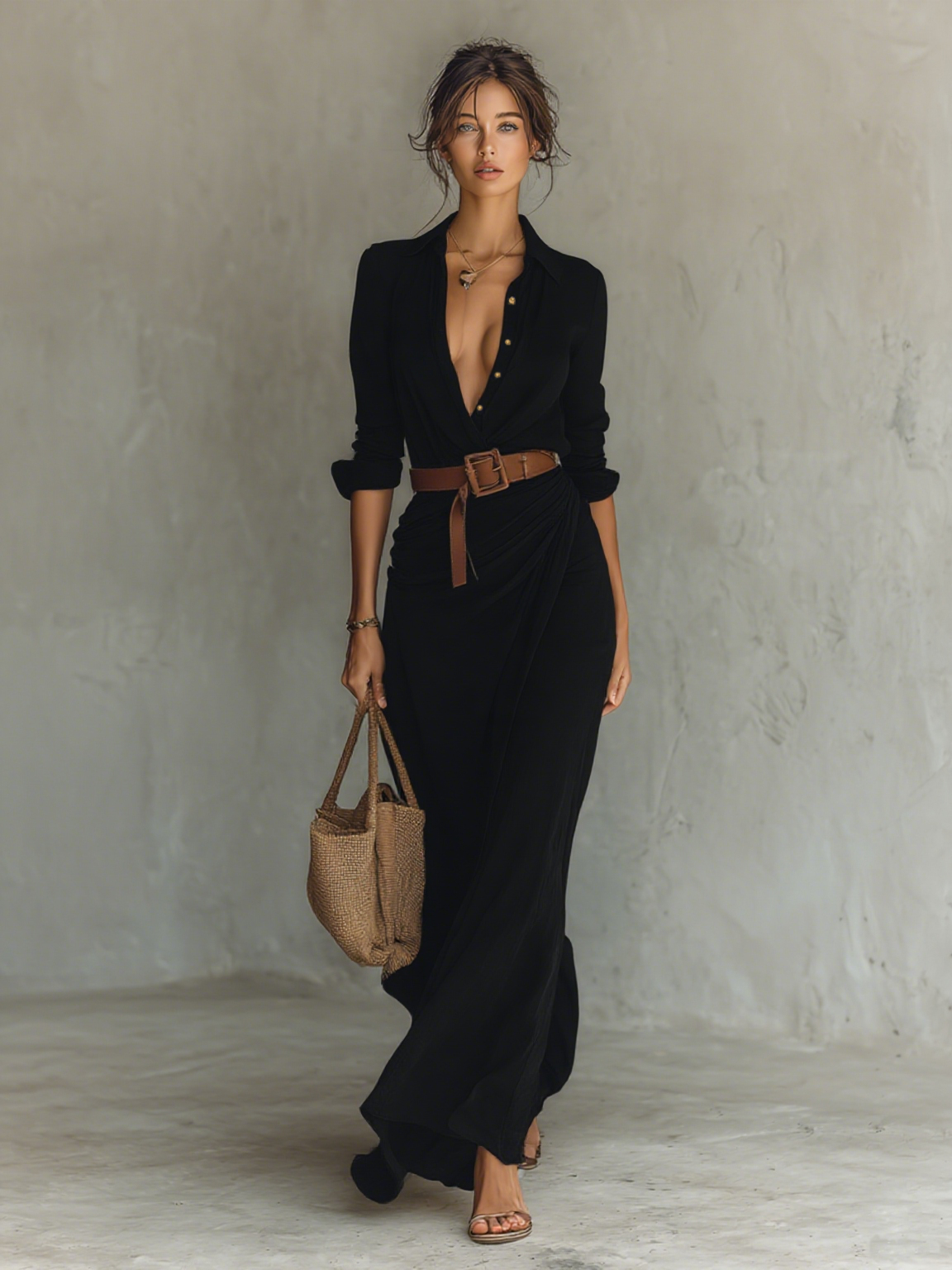 Amara™ - Maxi dress with lapel collar and belt