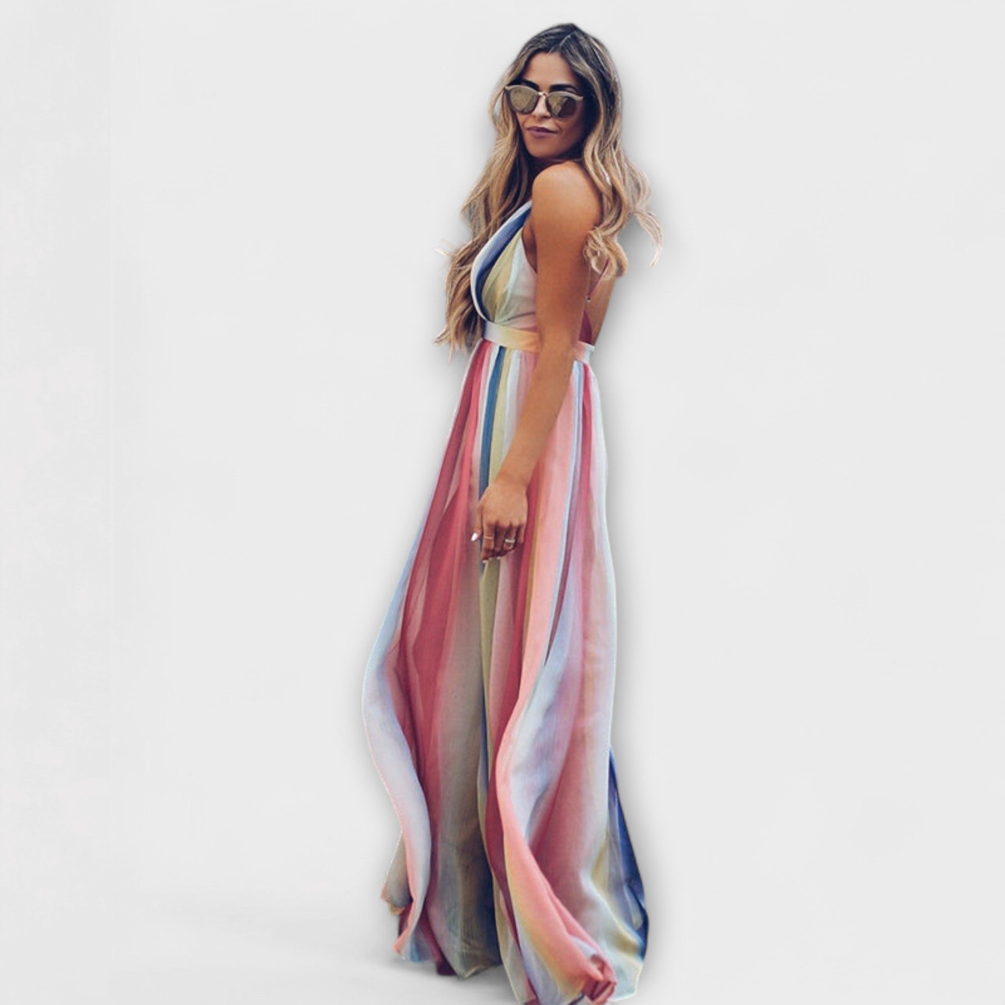 Amara™ | Multicolored Striped Women's Dress with V-Neck