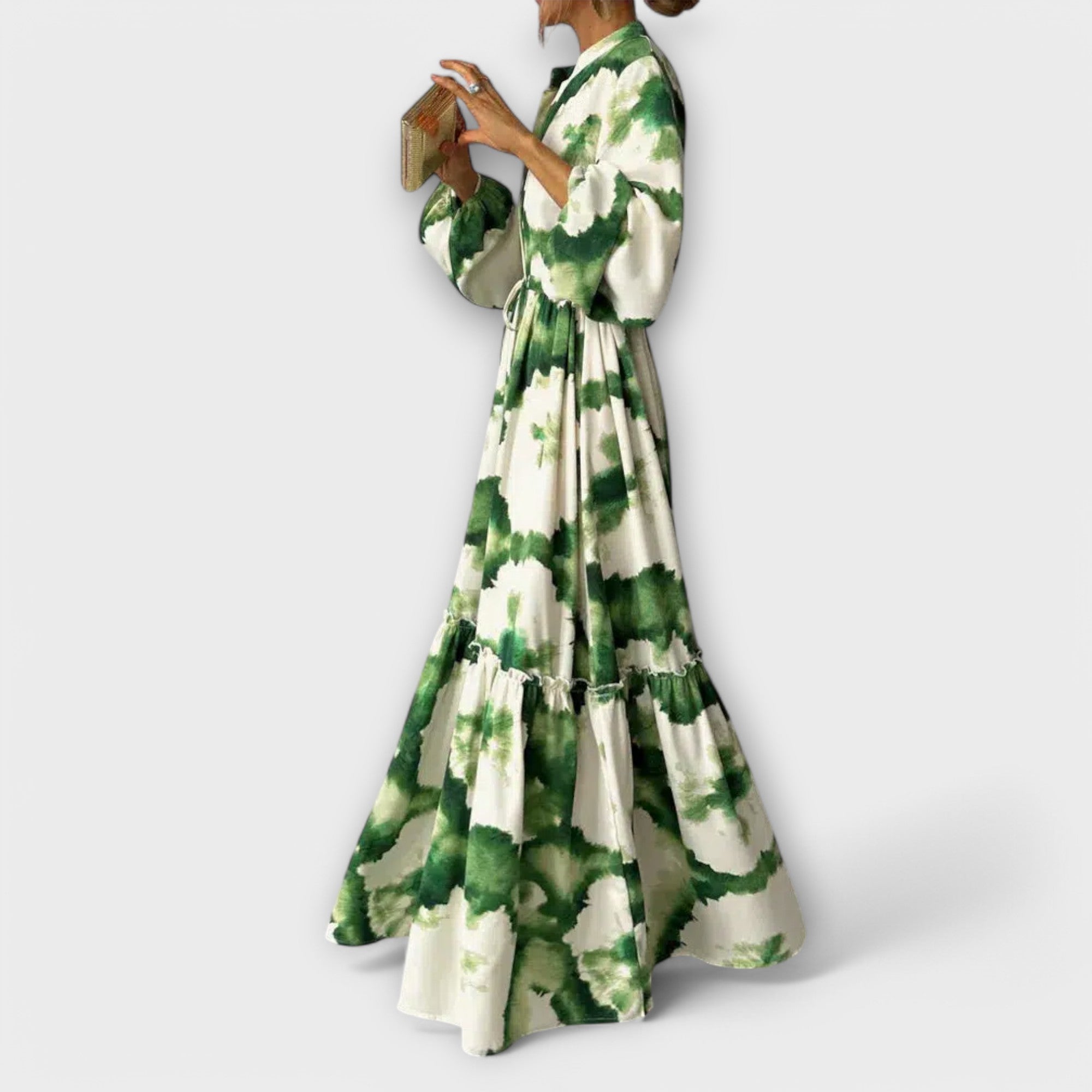 Amara™ | Green Maxi Dress with Long Sleeves and V-Neck