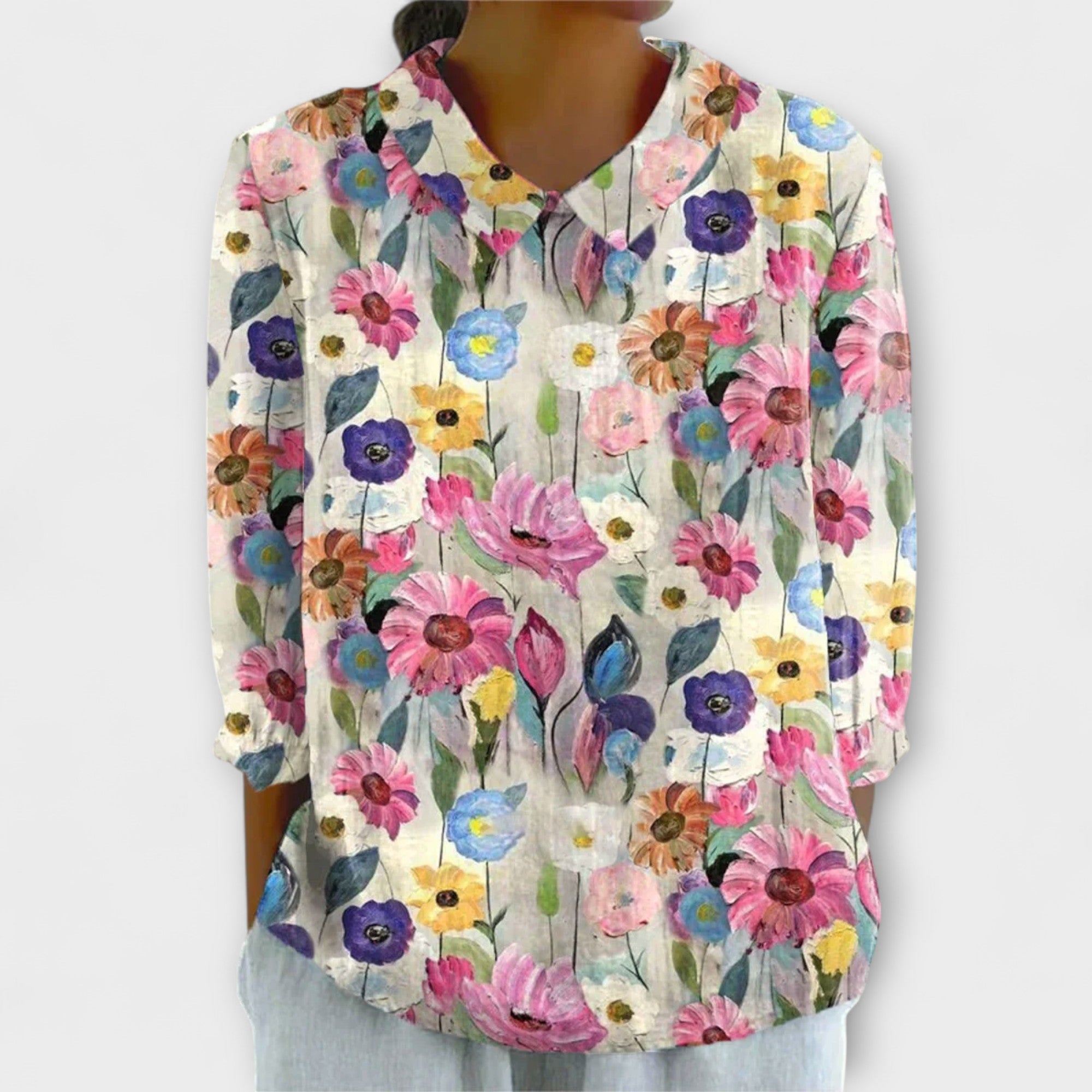 Amara™ | Vintage Floral Cotton-Linen Blouse