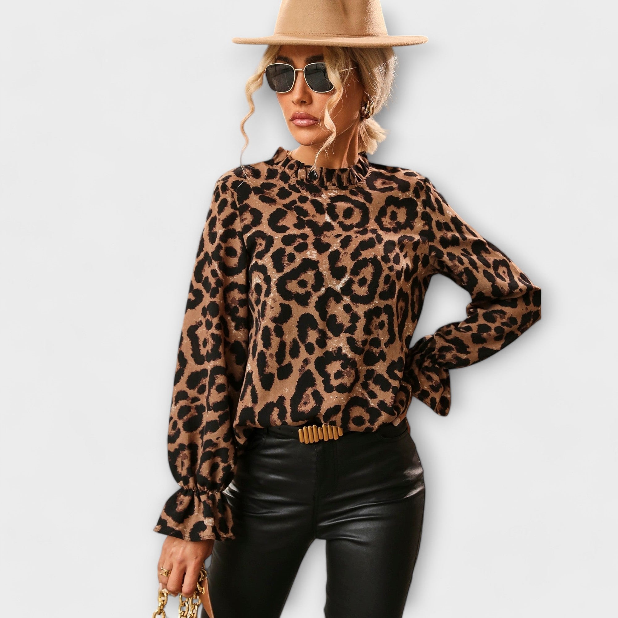Amara™ | Leopard Blouse with Pleated Collar