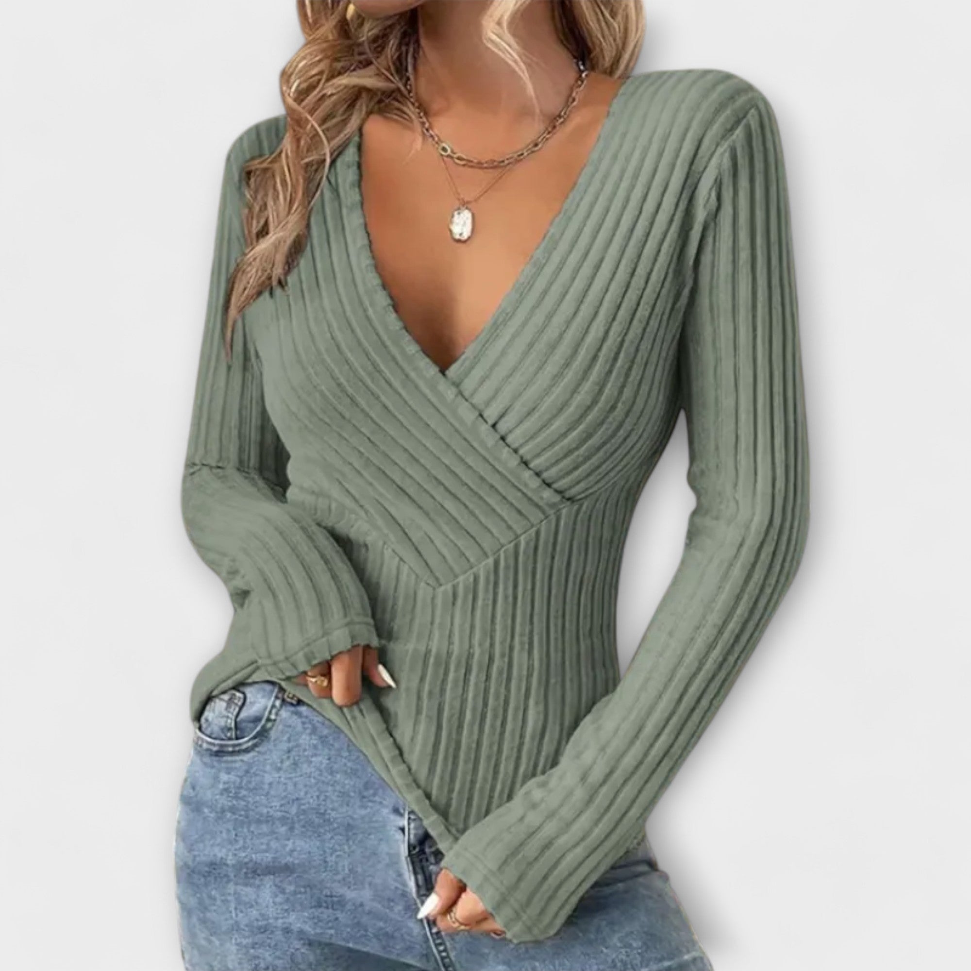 Amara™ | Ribbed T-Shirt with Twisted Front and V-Neck