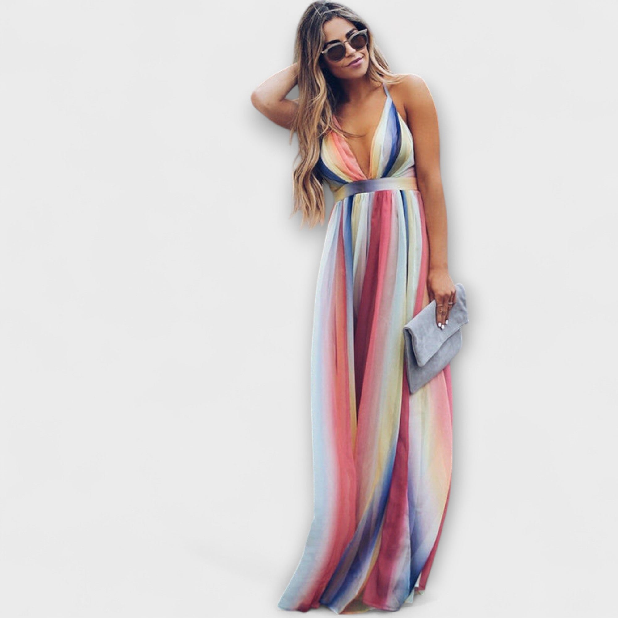 Amara™ | Multicolored Striped Women's Dress with V-Neck
