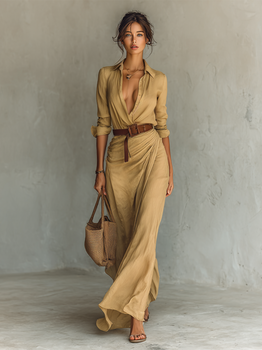 Amara™ - Maxi dress with lapel collar and belt