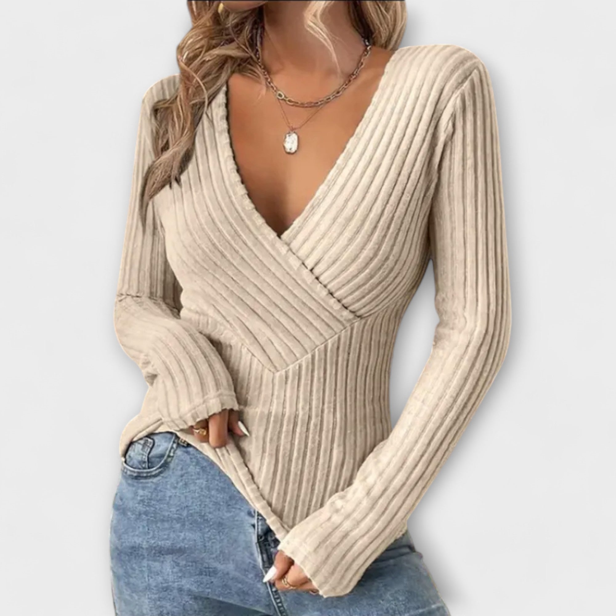 Amara™ | Ribbed T-Shirt with Twisted Front and V-Neck